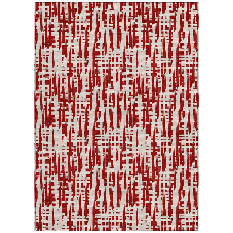 3' X 5' Red And Ivory Abstract Washable Indoor Outdoor Area Rug
