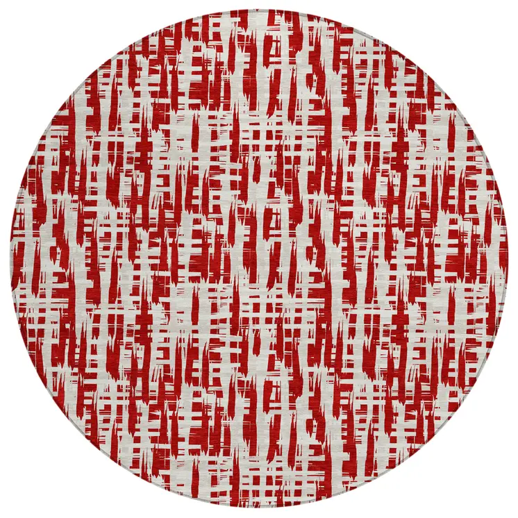 8' Red And Ivory Round Abstract Washable Indoor Outdoor Area Rug