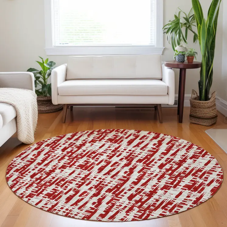 8' Red And Ivory Round Abstract Washable Indoor Outdoor Area Rug