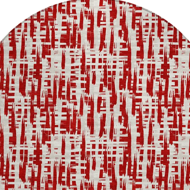 8' Red And Ivory Round Abstract Washable Indoor Outdoor Area Rug