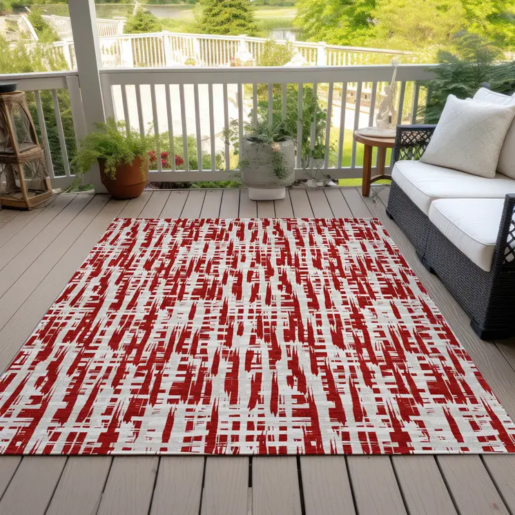 9' X 12' Red And Ivory Abstract Washable Indoor Outdoor Area Rug