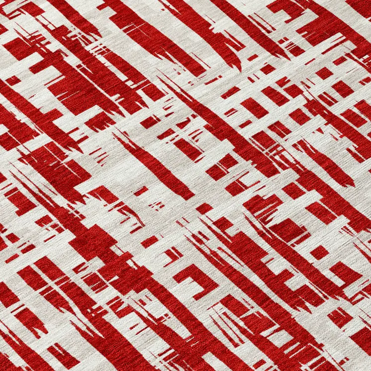 9' X 12' Red And Ivory Abstract Washable Indoor Outdoor Area Rug
