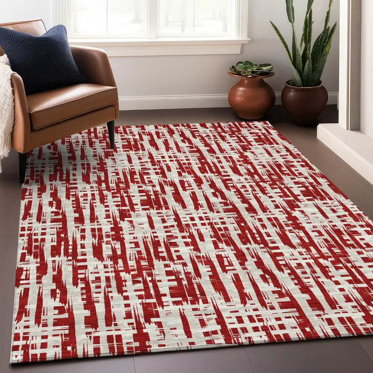 9' X 12' Red And Ivory Abstract Washable Indoor Outdoor Area Rug