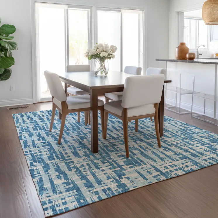 3' X 5' Teal Blue Sky Blue And Ivory Abstract Washable Indoor Outdoor Area Rug