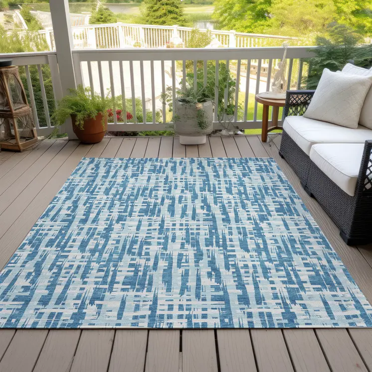 5' X 8' Teal Blue Sky Blue And Ivory Abstract Washable Indoor Outdoor Area Rug