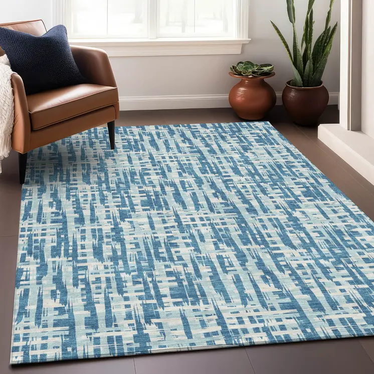5' X 8' Teal Blue Sky Blue And Ivory Abstract Washable Indoor Outdoor Area Rug