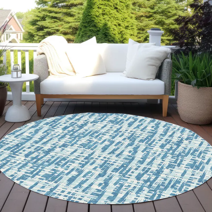 8' Teal Blue Sky Blue And Ivory Round Abstract Washable Indoor Outdoor Area Rug