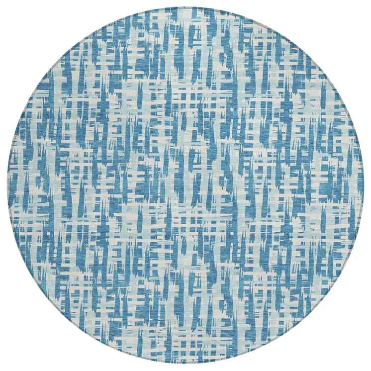 8' Teal Blue Sky Blue And Ivory Round Abstract Washable Indoor Outdoor Area Rug