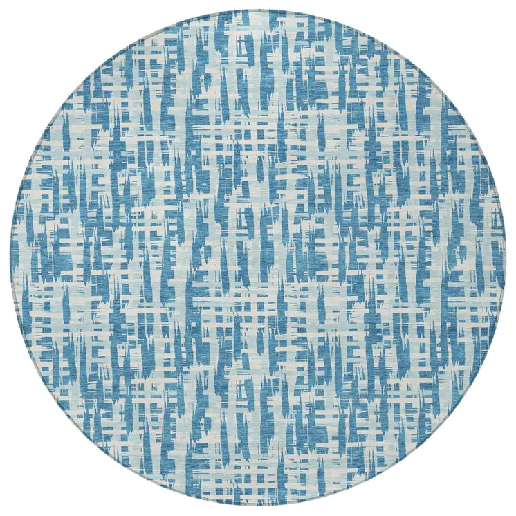 8' Teal Blue Sky Blue And Ivory Round Abstract Washable Indoor Outdoor Area Rug