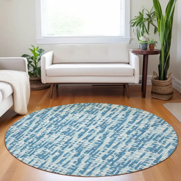 8' Teal Blue Sky Blue And Ivory Round Abstract Washable Indoor Outdoor Area Rug