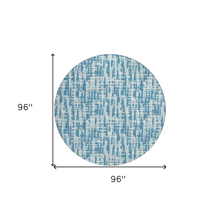 8' Teal Blue Sky Blue And Ivory Round Abstract Washable Indoor Outdoor Area Rug