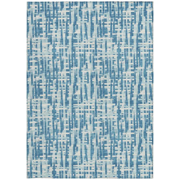9' X 12' Teal Blue Sky Blue And Ivory Abstract Washable Indoor Outdoor Area Rug