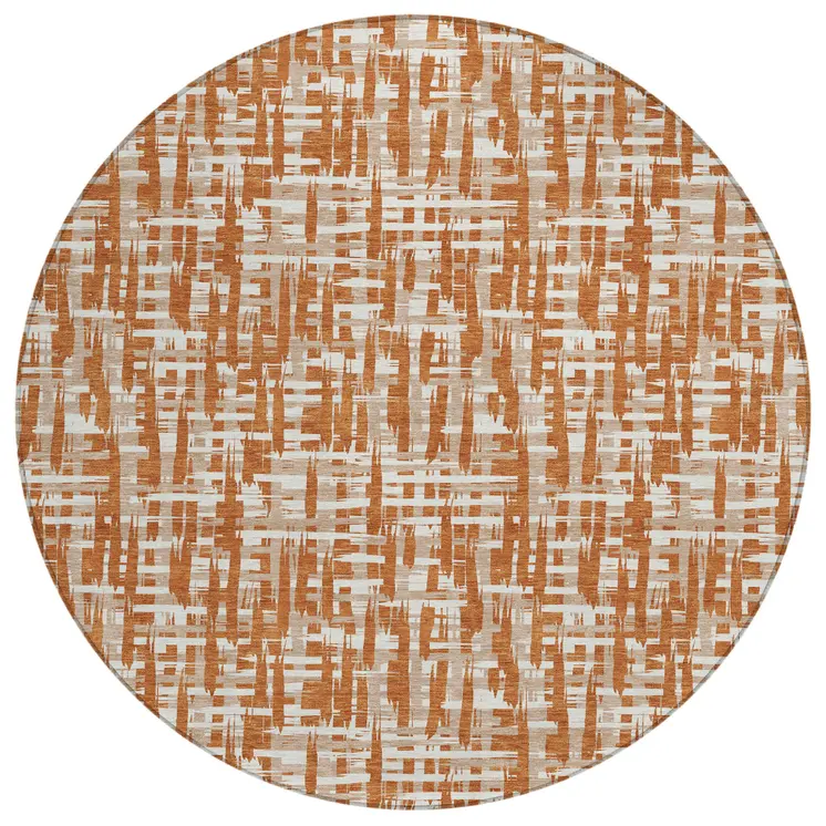 8' Terra Cotta Tan And Ivory Round Abstract Washable Indoor Outdoor Area Rug