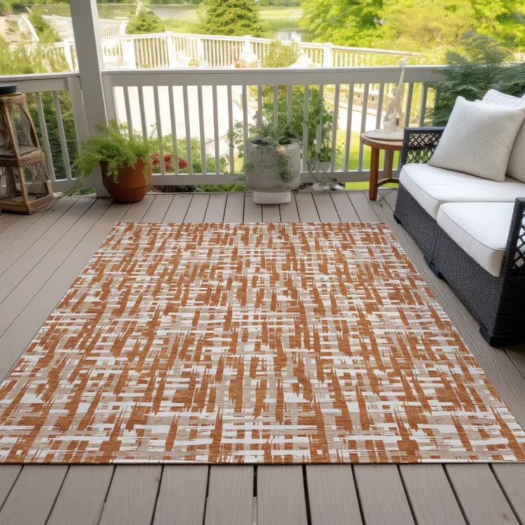 9' X 12' Terra Cotta Tan And Ivory Abstract Washable Indoor Outdoor Area Rug