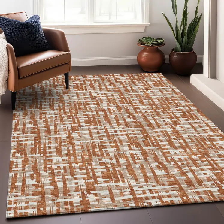 10' X 14' Terra Cotta Tan And Ivory Abstract Washable Indoor Outdoor Area Rug