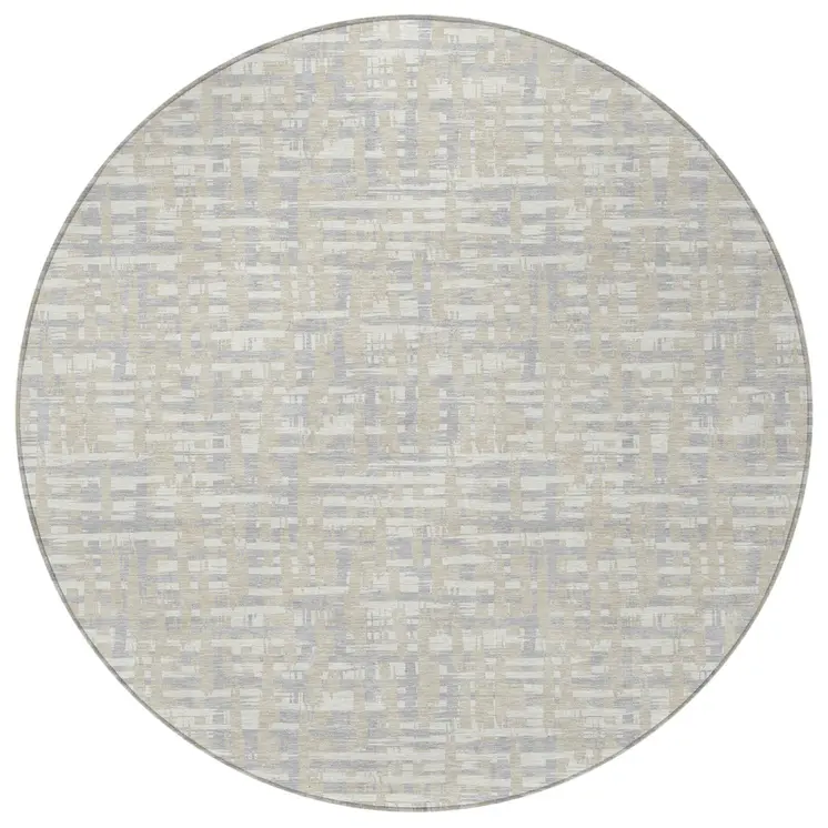 8' Beige And Gray Round Abstract Washable Indoor Outdoor Area Rug