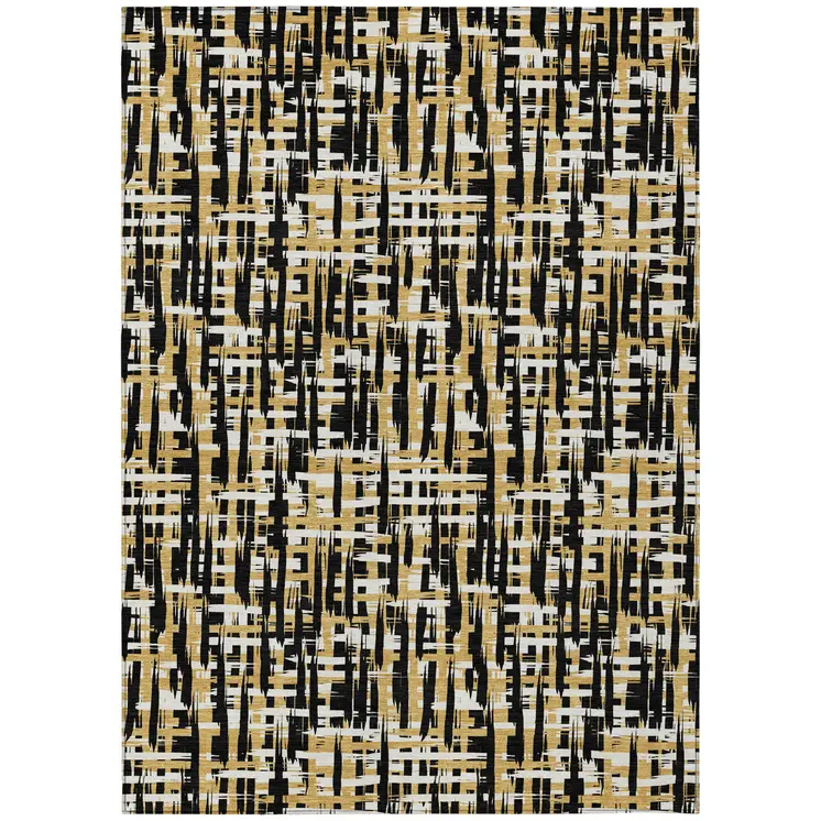 3' X 5' Black Gold And Ivory Abstract Washable Indoor Outdoor Area Rug