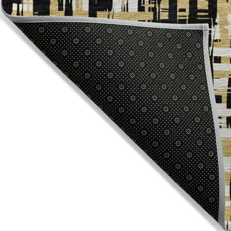 8' Black Gold And Ivory Round Abstract Washable Indoor Outdoor Area Rug