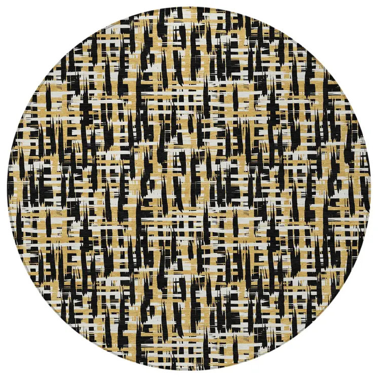 8' Black Gold And Ivory Round Abstract Washable Indoor Outdoor Area Rug