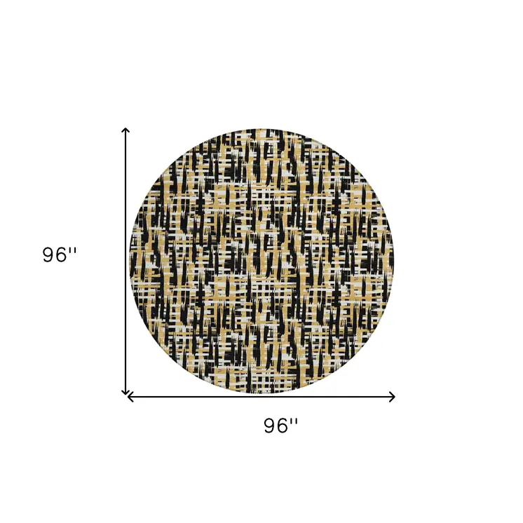 8' Black Gold And Ivory Round Abstract Washable Indoor Outdoor Area Rug