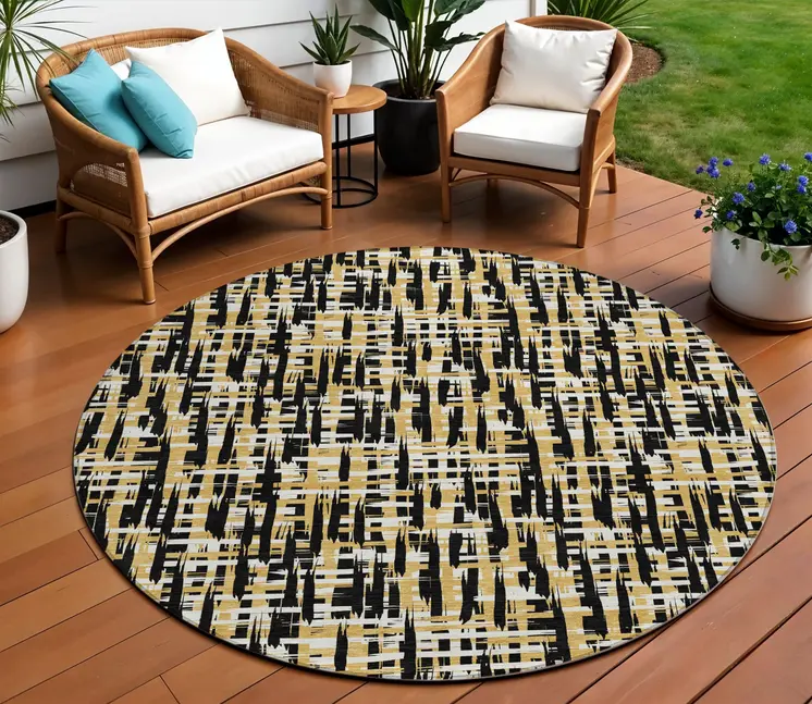 8' Black Gold And Ivory Round Abstract Washable Indoor Outdoor Area Rug
