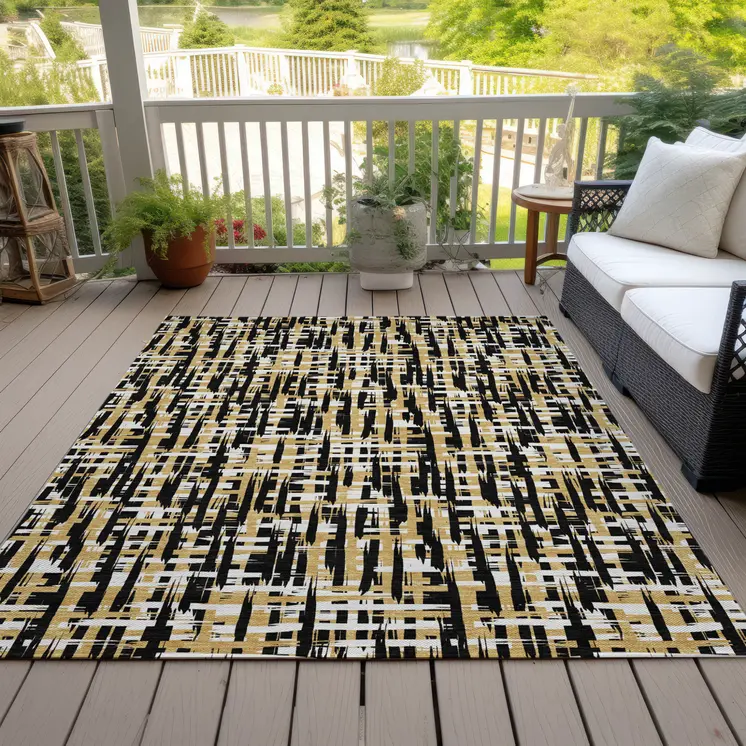 8' X 10' Black Gold And Ivory Abstract Washable Indoor Outdoor Area Rug
