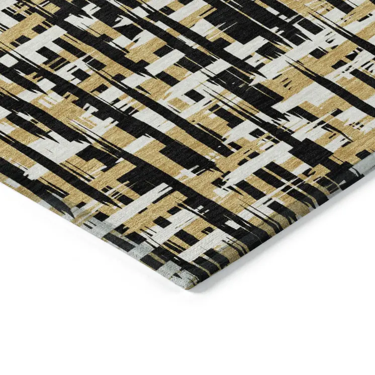 8' X 10' Black Gold And Ivory Abstract Washable Indoor Outdoor Area Rug