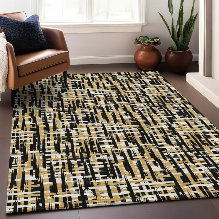 8' X 10' Black Gold And Ivory Abstract Washable Indoor Outdoor Area Rug