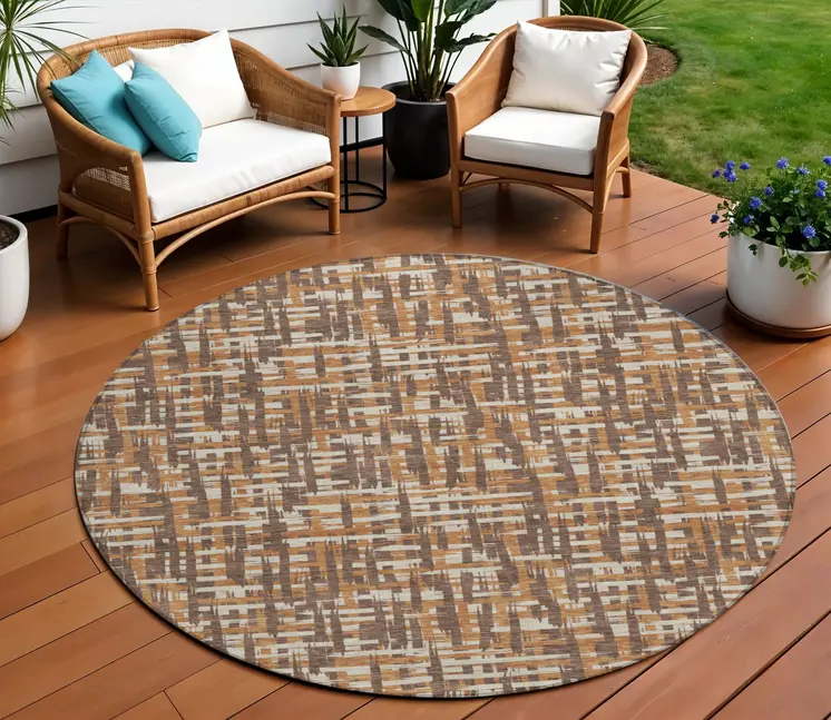 8' Chocolate Copper And Beige Round Abstract Washable Indoor Outdoor Area Rug