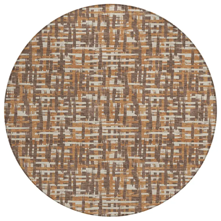 8' Chocolate Copper And Beige Round Abstract Washable Indoor Outdoor Area Rug