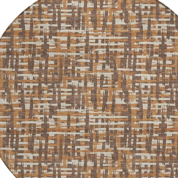 8' Chocolate Copper And Beige Round Abstract Washable Indoor Outdoor Area Rug