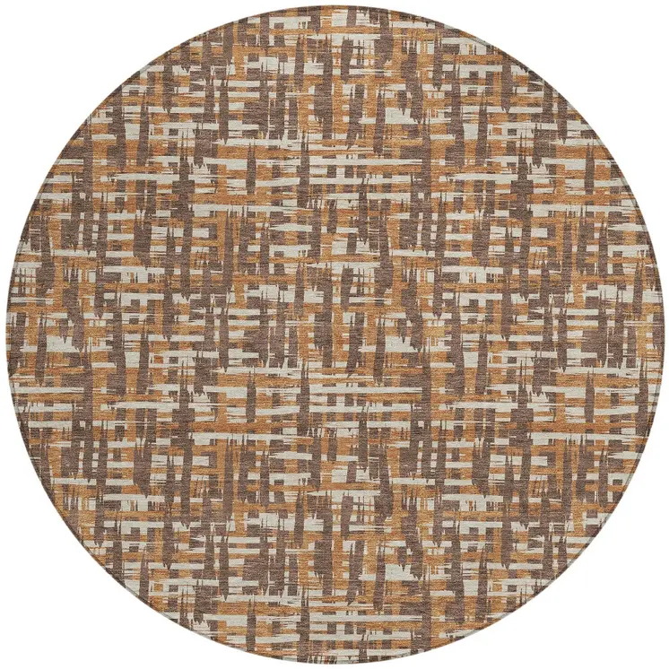 8' Chocolate Copper And Beige Round Abstract Washable Indoor Outdoor Area Rug