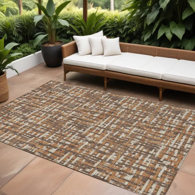10' X 14' Chocolate Copper And Beige Abstract Washable Indoor Outdoor Area Rug
