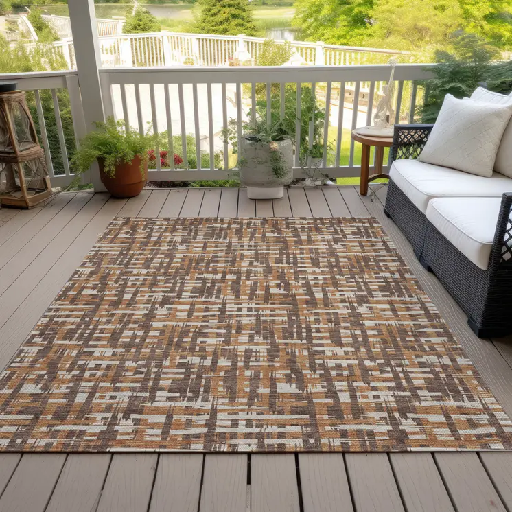 10' X 14' Chocolate Copper And Beige Abstract Washable Indoor Outdoor Area Rug