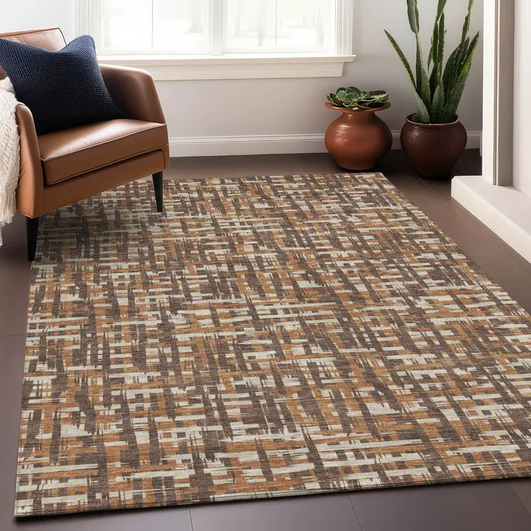 10' X 14' Chocolate Copper And Beige Abstract Washable Indoor Outdoor Area Rug