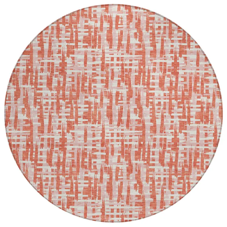 8' Coral Pink And Ivory Round Abstract Washable Indoor Outdoor Area Rug