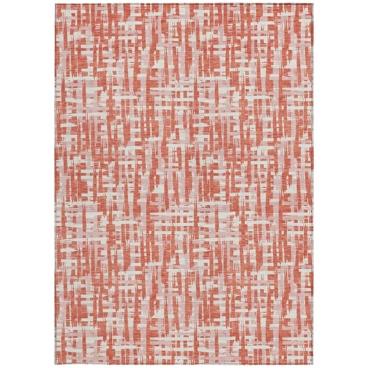 9' X 12' Coral Pink And Ivory Abstract Washable Indoor Outdoor Area Rug