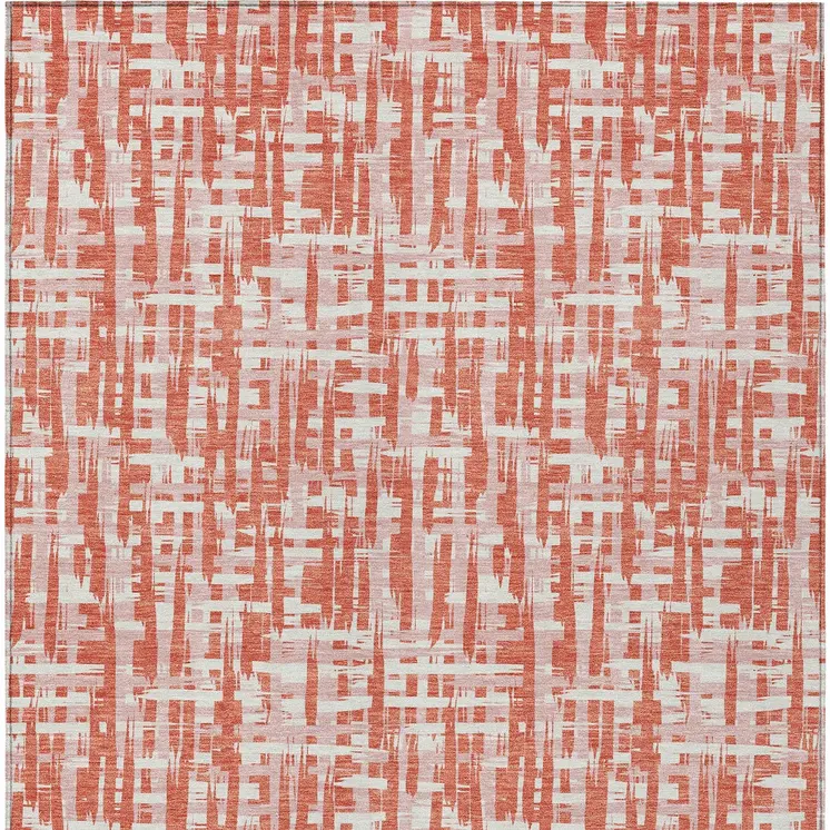 9' X 12' Coral Pink And Ivory Abstract Washable Indoor Outdoor Area Rug