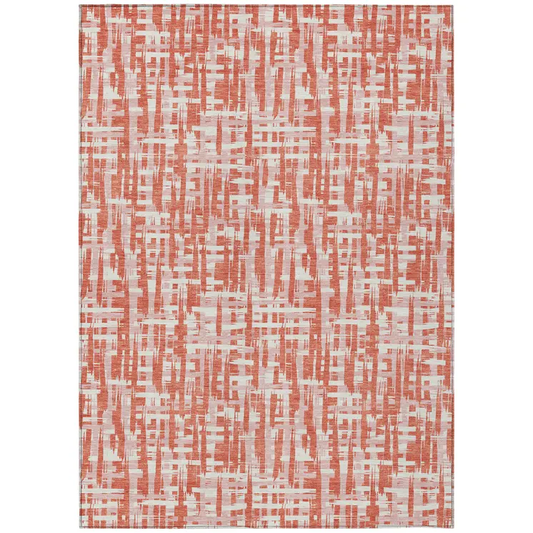 10' X 14' Coral Pink And Ivory Abstract Washable Indoor Outdoor Area Rug
