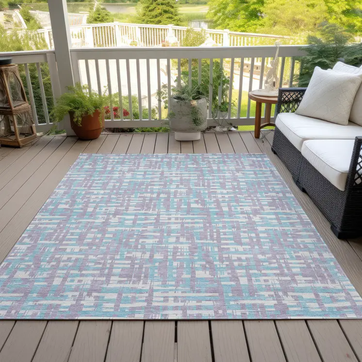 5' X 8' Lavender Aqua And Beige Abstract Washable Indoor Outdoor Area Rug