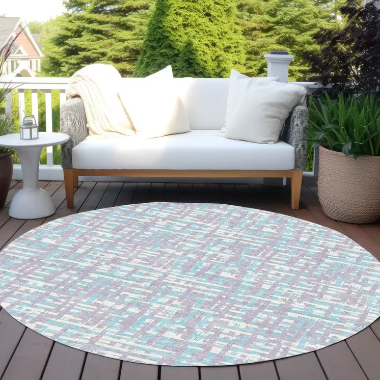8' Lavender Aqua And Beige Round Abstract Washable Indoor Outdoor Area Rug