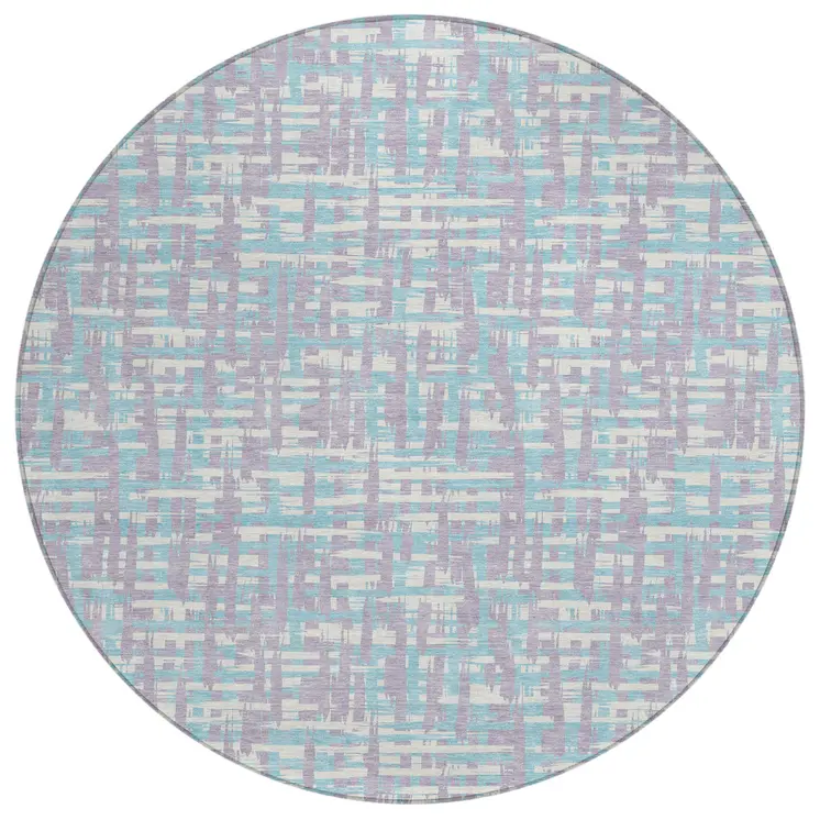 8' Lavender Aqua And Beige Round Abstract Washable Indoor Outdoor Area Rug