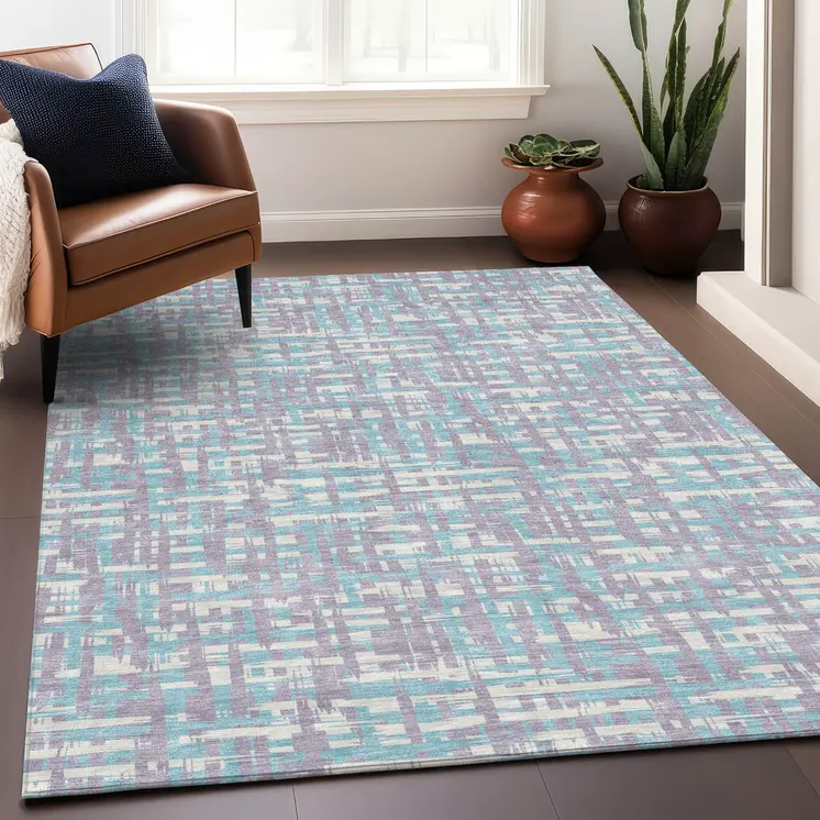 9' X 12' Lavender Aqua And Beige Abstract Washable Indoor Outdoor Area Rug