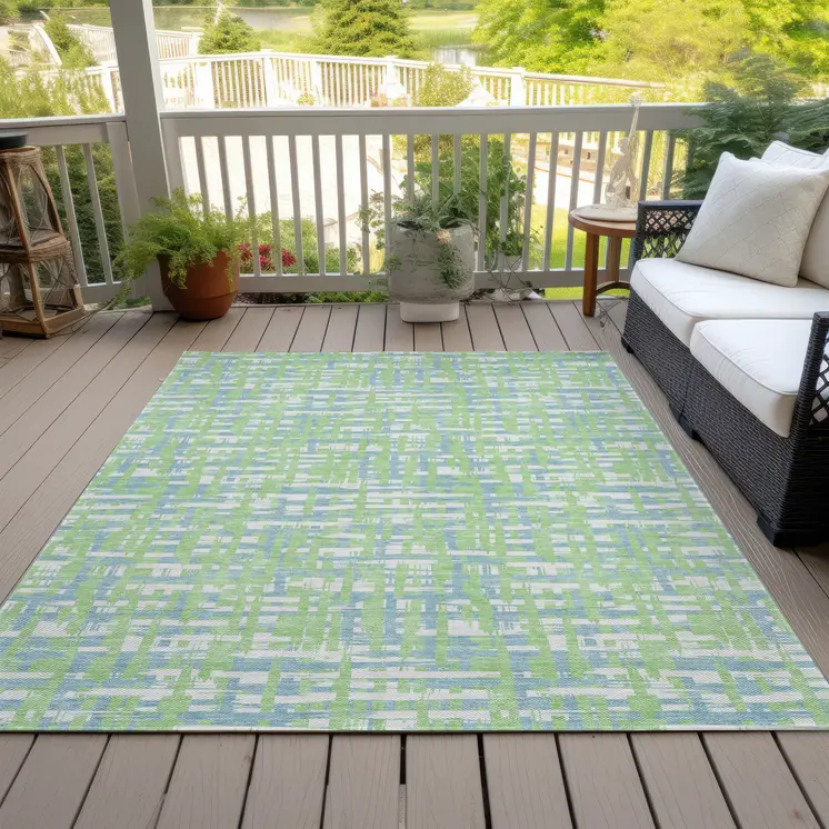 5' X 8' Mint Green Blue And Beige Abstract Washable Indoor Outdoor Area Rug