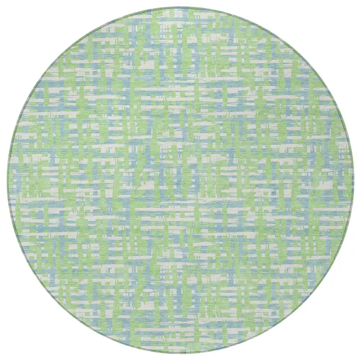 8' Mint Green Blue And Beige Round Abstract Washable Indoor Outdoor Area Rug