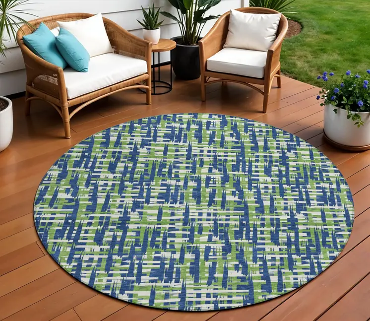 8' Navy Blue Green And Ivory Round Abstract Washable Indoor Outdoor Area Rug