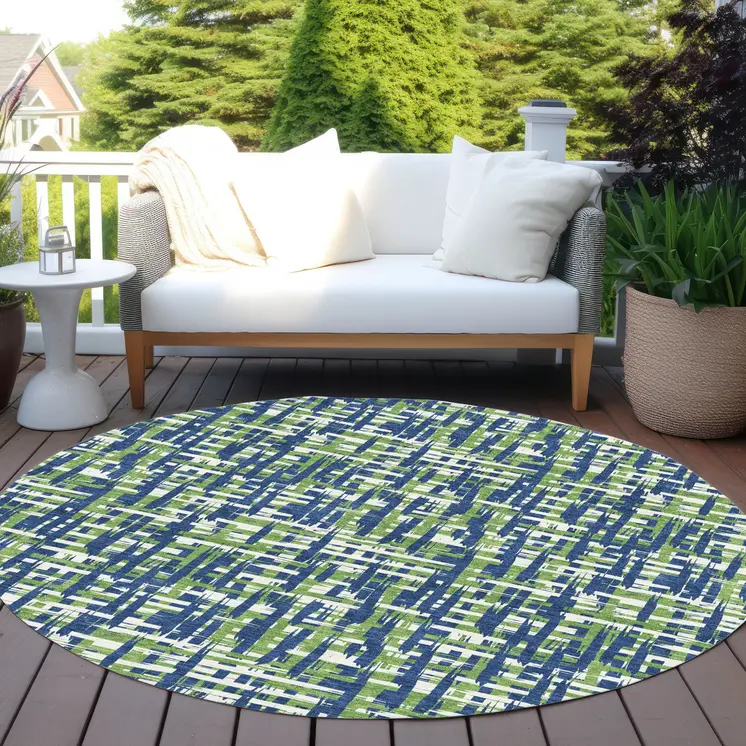 8' Navy Blue Green And Ivory Round Abstract Washable Indoor Outdoor Area Rug