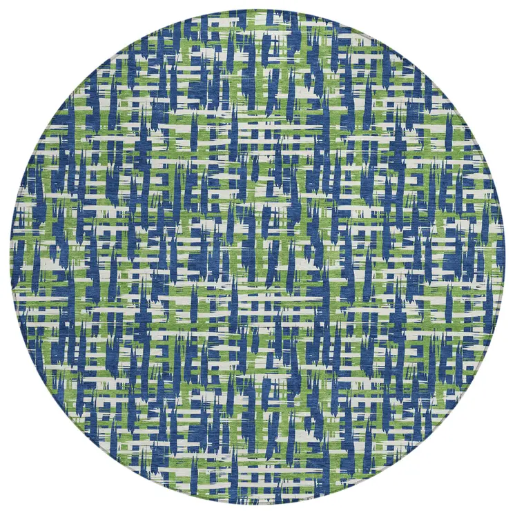 8' Navy Blue Green And Ivory Round Abstract Washable Indoor Outdoor Area Rug