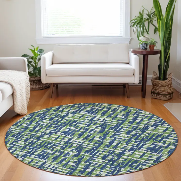 8' Navy Blue Green And Ivory Round Abstract Washable Indoor Outdoor Area Rug