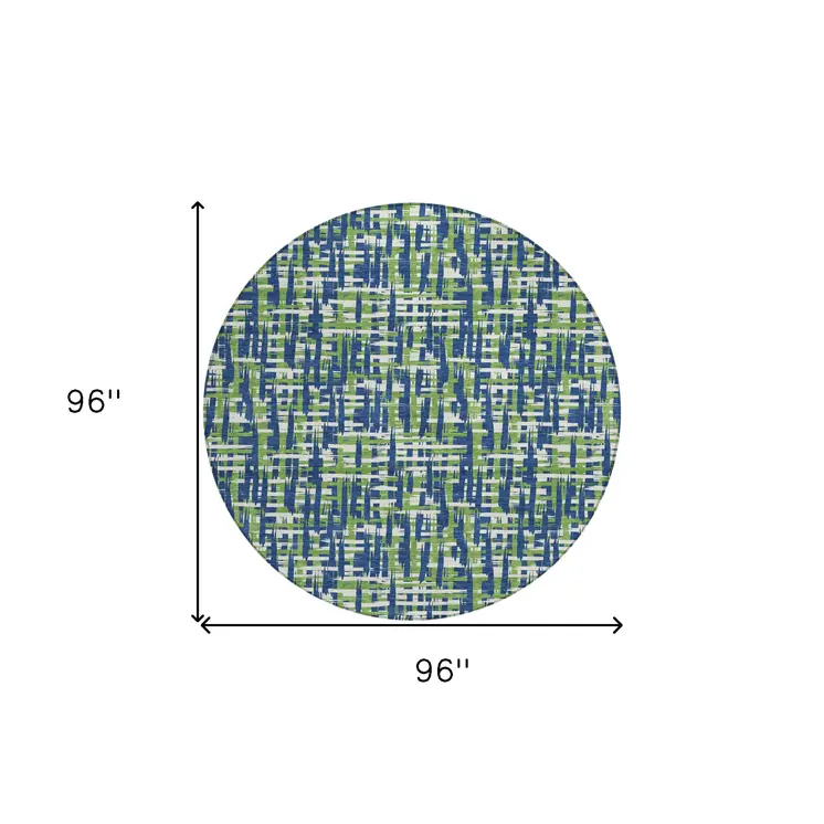 8' Navy Blue Green And Ivory Round Abstract Washable Indoor Outdoor Area Rug
